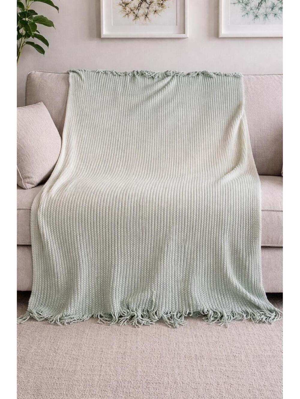 Tahari Home Ombre Green Knit Throw Blanket Ribbed Fringe Sofa Bed Cozy Decor